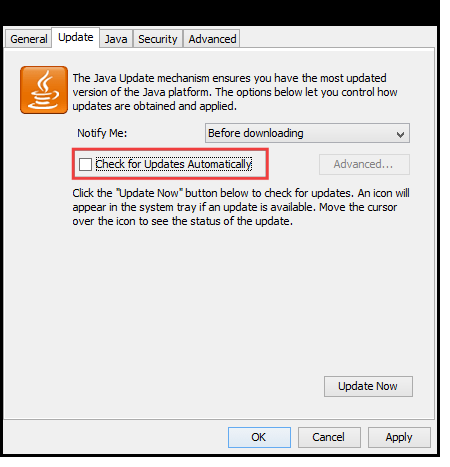 Disabling Java Automatic Updates Check