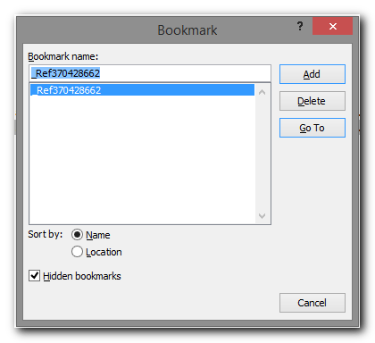 MS Word 2010 Bookmark selection window