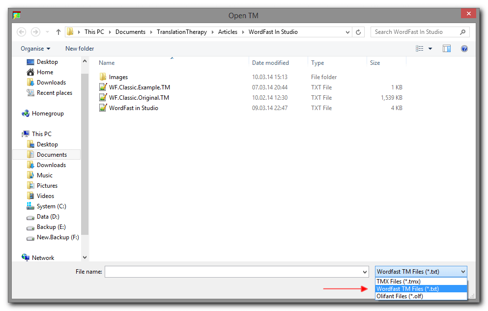 Olifant Open File menu with the WordFast (.txt) file type selected