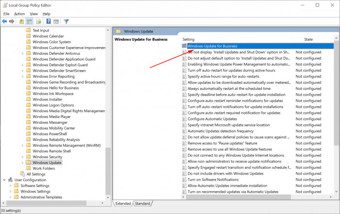 Windows 10 Pro update setting in the GPO Editor